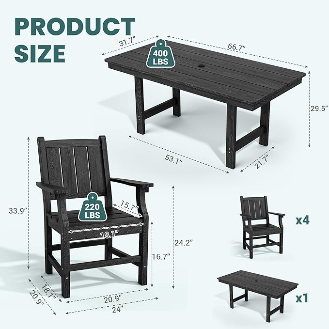 Pamapic 5-Piece Outdoor Dining Set, HDPE Outdoor Rectangular Table and 4 Chairs, Wood Grain Patio Furniture Sets with Armrest, All-Weather Patio Dining Table with Umbrella Hole, Black