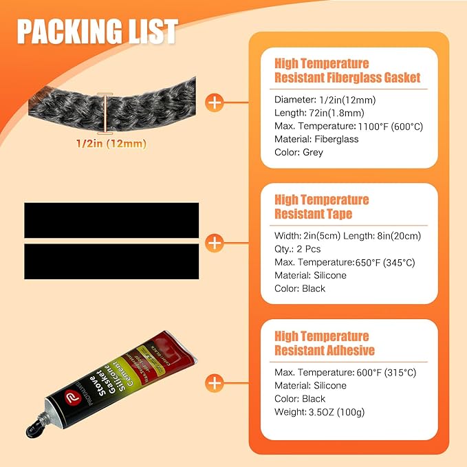 Protalwell Wood Stove Gasket, 1/2" Wood Stove Door Gasket Kit, High Temperture Resistant Gasket Rope Replacement for Stove or Fireplace Doors, Grey Color Fiberglass Gasket