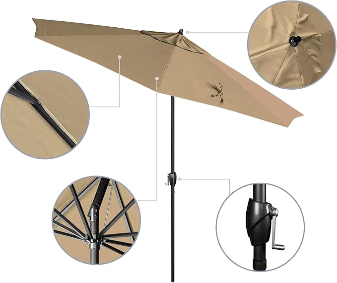 California Umbrella 9' Rd Aluminum Patio Umbrella, Crank Lift, Auto Tilt, Black Finish, Sunbrella Antique Beige