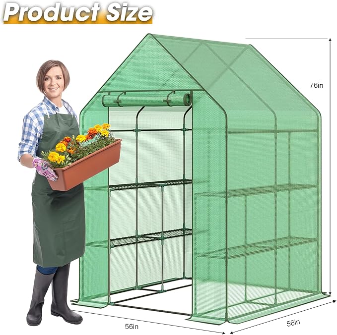 Greenhouse, 56×56×76" Walk in Greenhouse, Portable Green House for Outdoors with Thicken PE Cover, 3 Tiers 8 Shelves for Plants, Flowers, Seedling (Green, 56x56x76 inch)