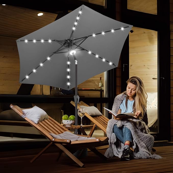 FLAME&SHADE 7.5 ft Solar Powered Outdoor Market Patio Table Umbrella with LED Lights and Tilt, Anthracite