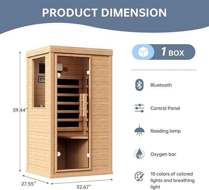 Far Infrared Sauna Home 1 Person, Canadian Hemlock Wooden Indoor Dry Sauna Spa Room for Indoor Low EMF 850W 120V with Bluetooth Speakers and Control Panel, Half Glass