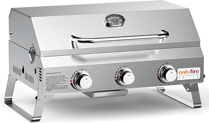 Tabletop Gas Grill 3 Burners, Portable Propane BBQ Grill with Foldable Legs for Outdoor Barbecue Patio Backyard Camping, Tailgating, RV Trip, Heavy Duty & 24000BTU, GS307