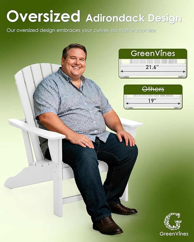 GREENVINES Adirondack Chairs Set of 2 | HDPE Plastic | Oversized Fire Pit Chair | All Weather | White | Poly Lumber | for Outdoor Deck Backyard Patio Garden