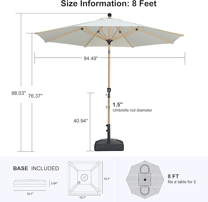 PURPLE LEAF 8 Feet Market Umbrella with Base Patio Umbrella Round Outdoor Table Umbrella with Push Button Tilt & Crank and 8 Ribs Aluminum Outdoor Umbrella for Garden Deck Balcony, Cream