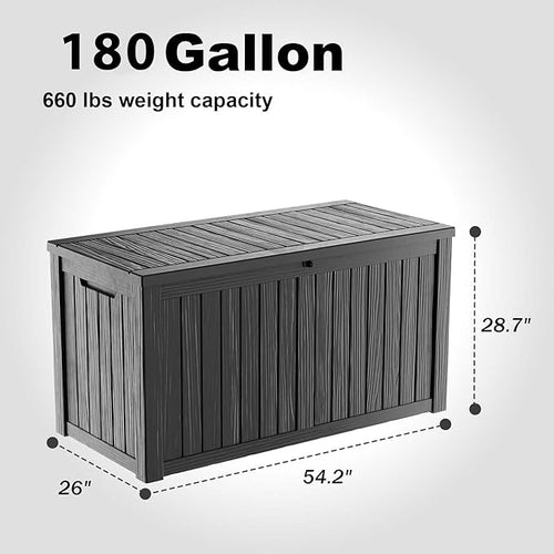 180 Gallon Resin Outdoor Deck Box Waterproof Patio Furniture, Garden Tools, Cushions, Pool Accessories Outside Storage (Black, 180 Gallon)