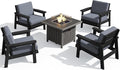 SERWALL Patio Furniture Set with 33” Fire Pit Table, HDPE Outdoor Sectional Sofa Set with Thickened Cushions, Black Frame with Grey Cushions