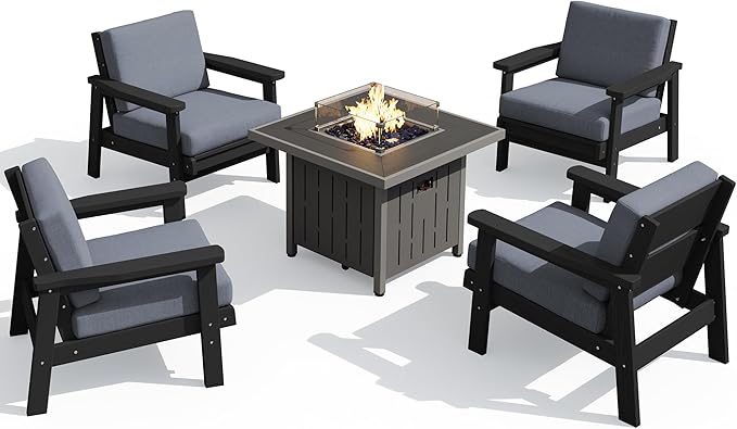 SERWALL Patio Furniture Set with 33” Fire Pit Table, HDPE Outdoor Sectional Sofa Set with Thickened Cushions, Black Frame with Grey Cushions