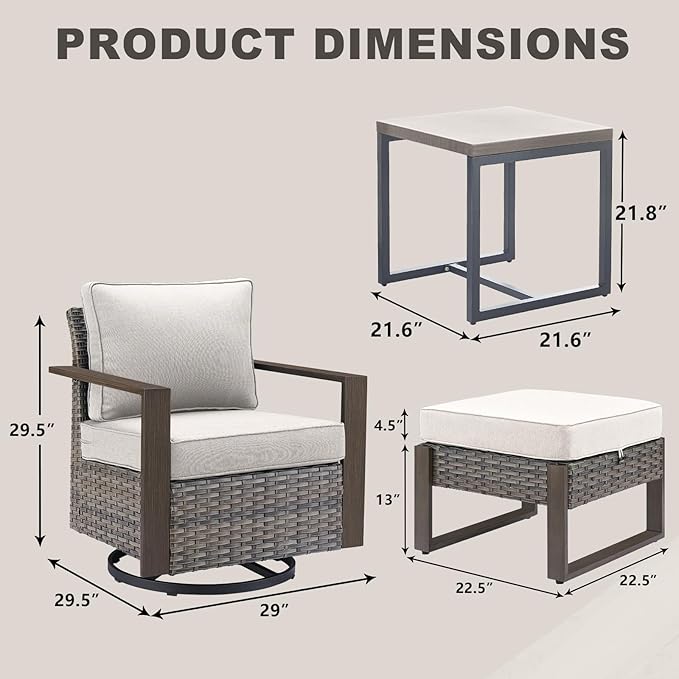 Rilyson Outdoor Wicker Patio Furniture Set - 5 Piece Patio Conversation Set with 2 Wicker Swivel Rocker Chairs,2 Ottoman, 1 Side Table, Thick Cushions, Deep Seating, Wide Armrest(Mixed Grey/Grey)