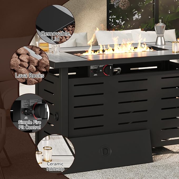 42" Outdoor Propane Fire Pit Table Ceramic Top & Lava Rocks,60000 BTU Rectangle Patio Heater Waterproof Lid Gas Fire Pits for Outside Patio Black
