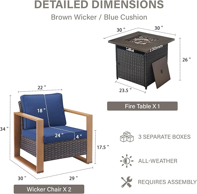 Belord Social 5 Pieces Patio Furniture Set - Patio Chairs Set of 4 with 50000BTU Propane Fire Pit Table, Durable Wicker Outdoor Conversation Set for Casual Gathering