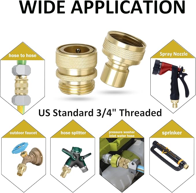 STYDDI Brass Full Flow Garden Hose Quick Connect Fittings, Solid Brass 3/4-Inch GHT Lawn Hose Quickly Disconnect Connector Coupler, Compatible with Most Hoses, Spigots, Watering Tools, 2 Sets