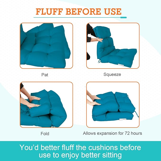 EAGLE PEAK Tufted Outdoor/Indoor High Back Patio Chair Cushions, Set of 2, 46'' x 22'', Peacock Blue