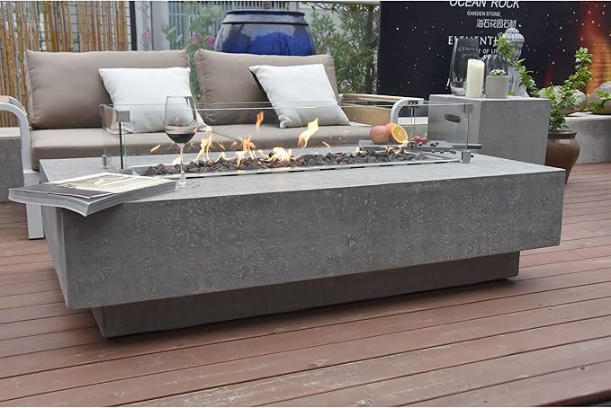 Hampton Concrete Fire Pit 56" x 32" Outdoor Patio Firepit Includes Lava Rocks Modern Fire Pits & Outdoor Fireplaces for Garden, Deck, Indoor & Outdoor Heating