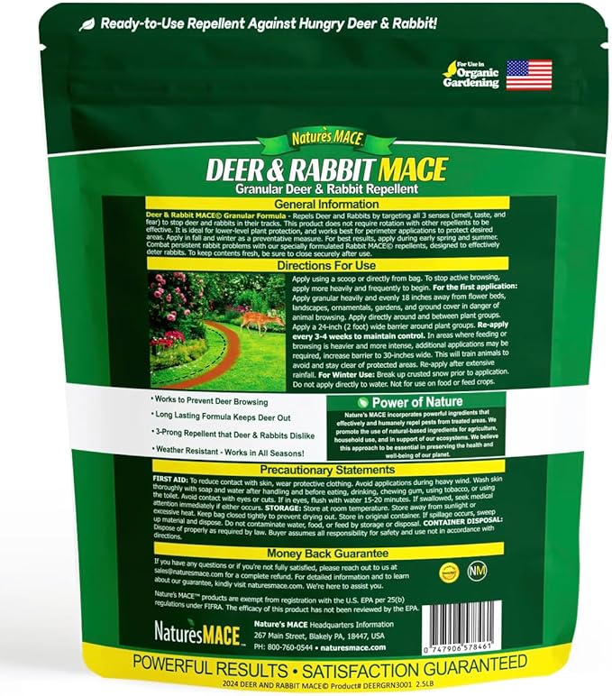Nature's Mace Deer & Rabbit Repellent, 25 Pound Bag, Repel Deer from Your Home, Garden, Deterrent, Safe to use Around Children, Plants, Produce, Protect Your Garden Instantly, Plant Safe