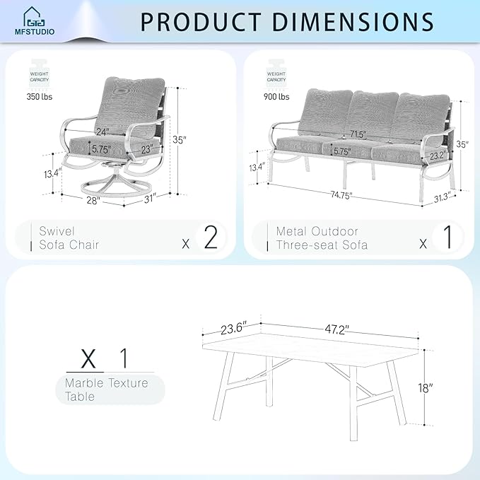 MFSTUDIO 4 Pieces Patio Conversation Sets(5 Seat),Outdoor Metal Furniture Sofas with 1 Loveseat(3 Seat), 2 Swivel Chairs,1 Coffee Table,Wrought Iron with Peacock Blue Cushion