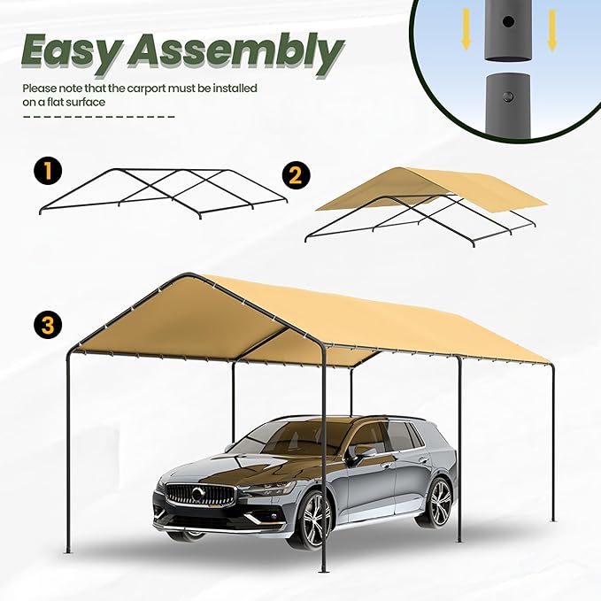 Carport, 10‘ x 20’ Heavy Duty Portable Garage All-Season Car Canopy, Outdoor Garage Boat Shelter Carport Canopy Party Tent w/Water-Resistant Tarp for Backyard (Yellow, 10' x 20' /no Side)