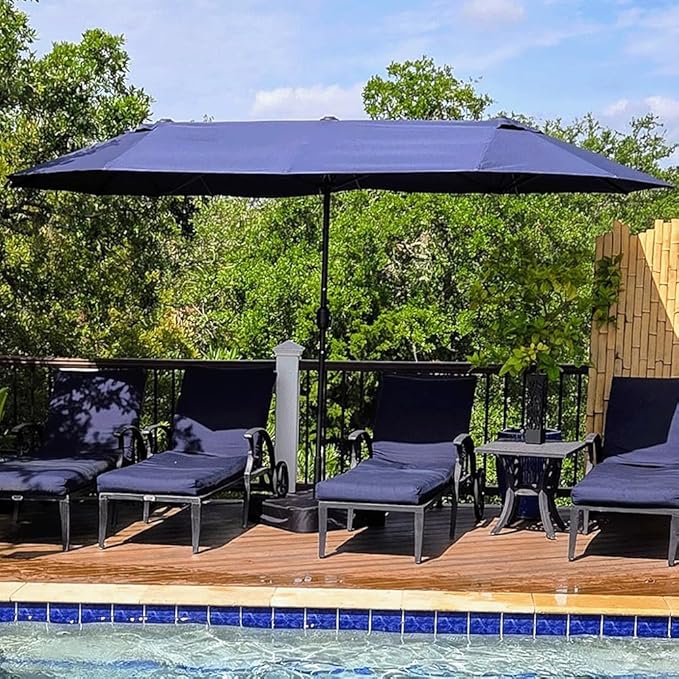 PURPLE LEAF 13ft Patio Market Umbrella with Base Double-Sided Rectangle Outdoor Table Sun Umbrellas with Crank 12 Heavy Duty Sturdy Ribs for Pool Beach Deck Backyard Navy Blue