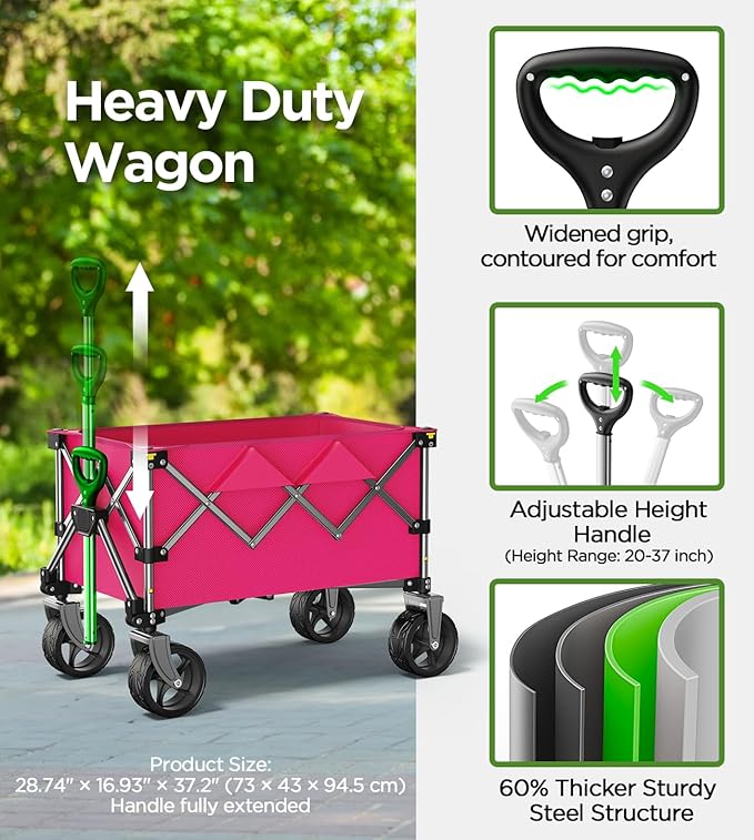 Collapsible Folding Wagon Cart with Large Wheels & 150L Capacity | Heavy-Duty Foldable Utility Wagon for Groceries, Camping, Beach, Sports & Garden Use | Compact Storage, No-Tool Setup-Pink