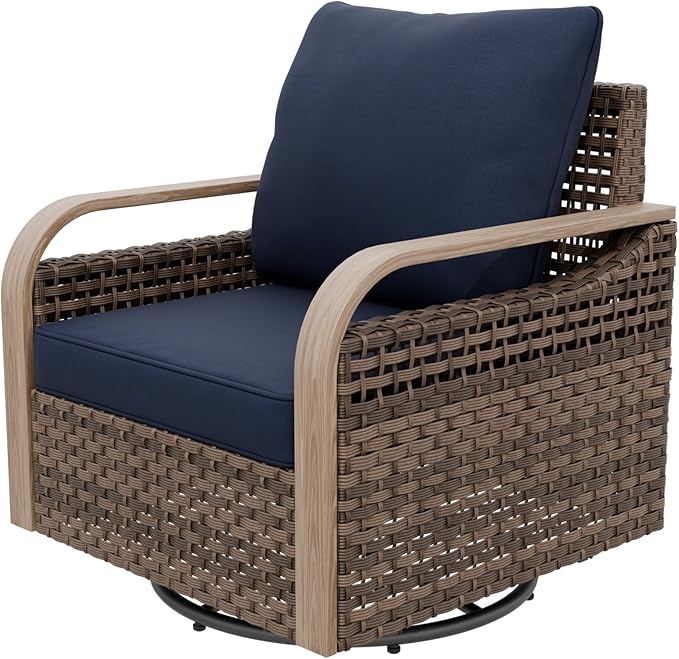 EAGLE PEAK Modern Wicker Outdoor Glider Rocking Chair, Swivel Rocker, Rattan Patio Furniture for Yard Deck Porch Garden, 1 Chair, Brown/Blue