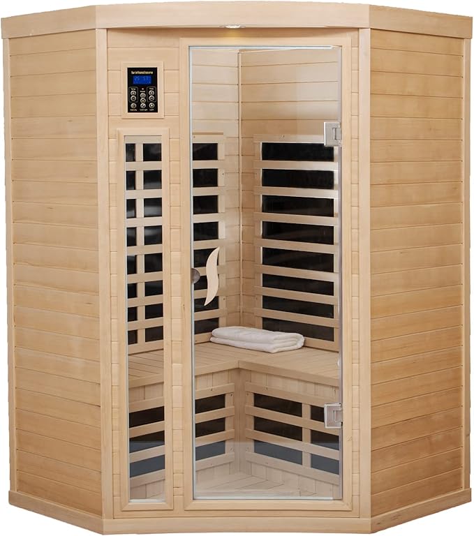 Far Infrared Sauna Low EMF Wooden Saunas for Home, 2-3 Person Indoor Home Saunabox, 1600watt Canadian Hemlock Sauna Room with Blue-Tooth, LCD, 10 Minutes Pre-Warm up