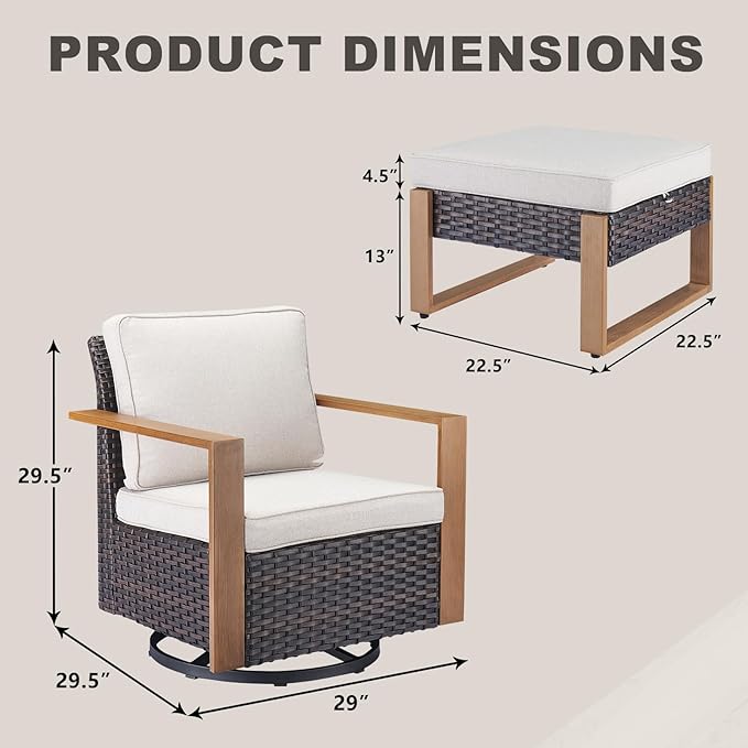 Rilyson Outdoor Wicker Patio Furniture Set - 4 Piece Patio Conversation Set with 2 Wicker Swivel Rocker Chairs,2 Rattan Ottoman, Thick Cushions, Deep Seating, Wide Armrest(Brown/Beige)