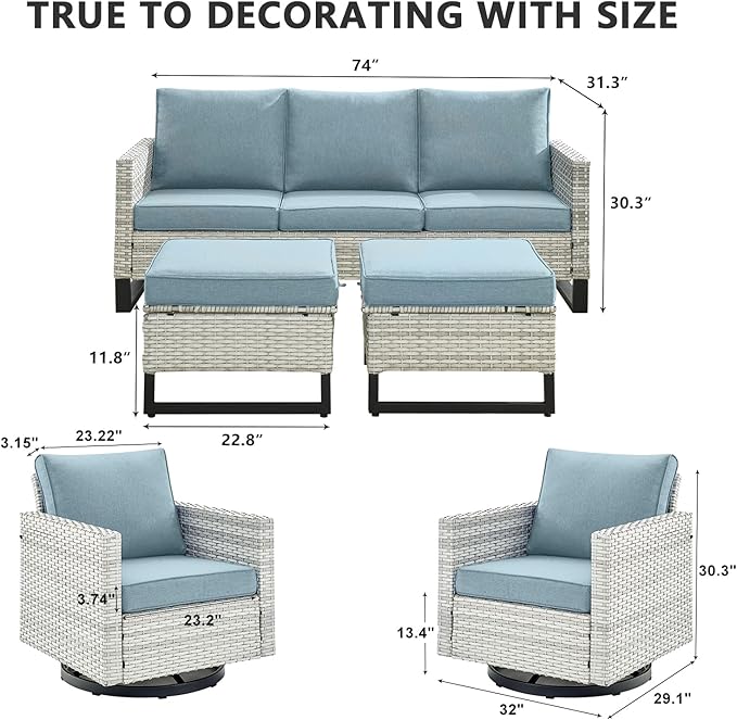 HUMMUH Patio Furniture Set 5 Piece Outdoor Sectional Sofa,PE Wicker Patio Swivel Rocker Chairs with Ottomans for Porch,Garden,Backyard