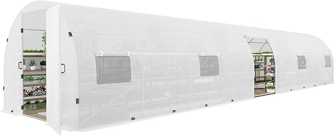 AMERLIFE 44x10x7.5 FT Tunnel Greenhouse for Outdoors, Large Walk-in Greenhouse kit with Durable Steel Frame, Swing Door & Premium PE Cover, White