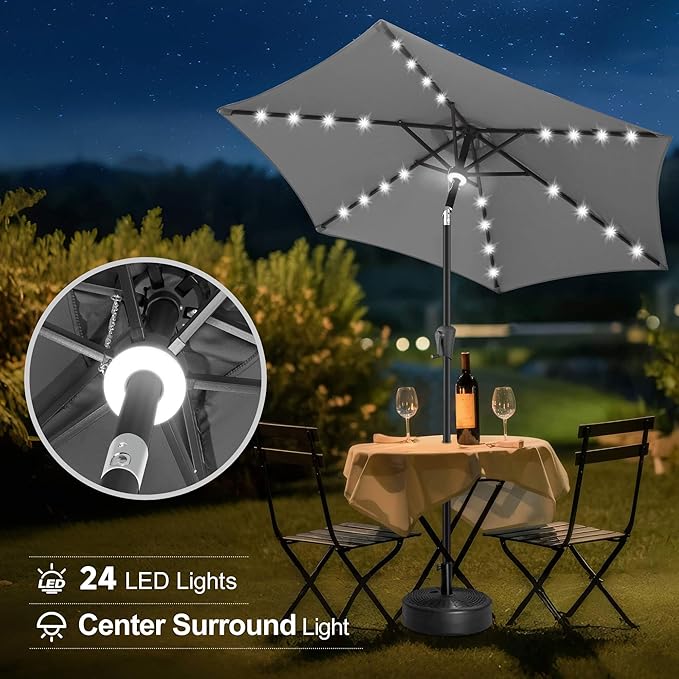 FLAME&SHADE 7.5 ft Solar Powered Outdoor Market Patio Table Umbrella with LED Lights and Tilt, Anthracite