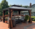 PURPLE LEAF 10' x 13' Hardtop Gazebo with Curtains and Netting for Hot Tub Heavy Duty Deck Beach Pool Backyard Outdoor Canopy Tent Sun Shade Metal Roof Patio Permanent Pavilion