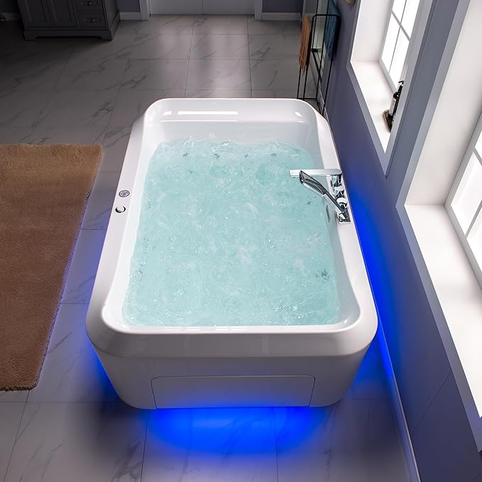WOODBRIDGE 70-7/8"L x 47-1/4"W 2 Person Freestanding Hydrotherapy Whirlpool and Air Bath Heated Soaking Combination Massage Tub with Adjustable Speed Air Blower and Display Control Panel, B0091