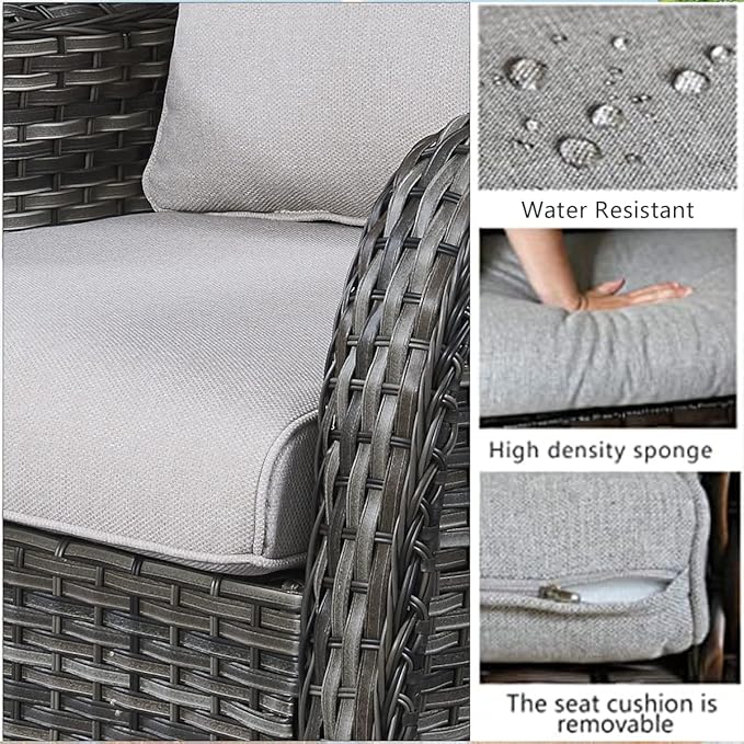 HUMMUH 6 Pieces Patio Furniture Set with Fire Pit Table Outdoor Conversation Set PE Wicker Patio Couch Swivel Glider Chairs Ottomans for Balcony Garden,Lawn,Deck