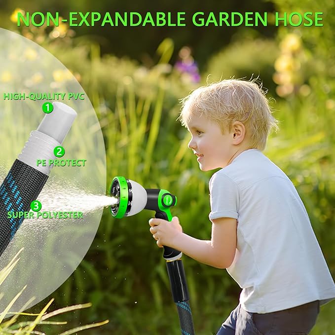 Garden Hose 75FT, NON-EXPANDABLE Heavy-Duty Flexible & Lightweight Water Hose with 10-Function Nozzle, No-Kink, Leak-Proof, Solid Fittings for Car, RV Marine Camper, Outdoor, Yard, Lawn