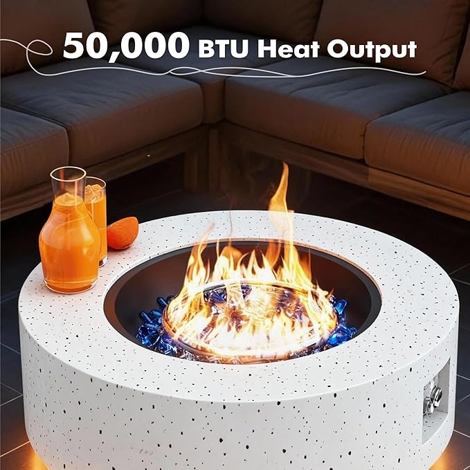 30" Round Propane Fire Pit Table - 50K BTU with Lid, Rocks Tank Storage and Cover - Round Gas Fire Pits for Outside Patio - Outdoor Table with Firepit (White/Golden Light, 30" Round)