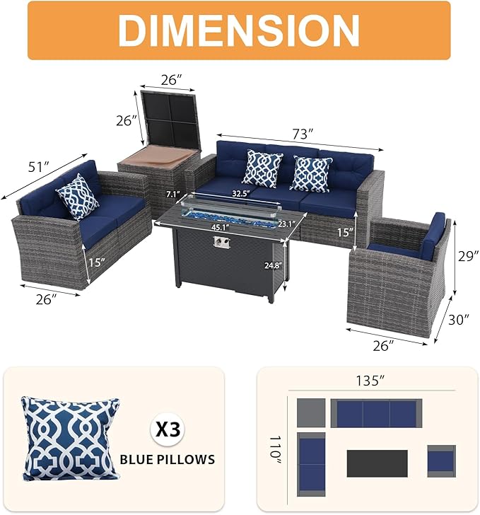 Super Patio 8 Pieces Outdoor Patio Furniture Set with 45” Fire Pit Table, Rattan Patio Conversation Sets with 50000 BTU Gas Fire Pit, Sectional Sofa Set with Storage Box, Navy Blue (Without Table)