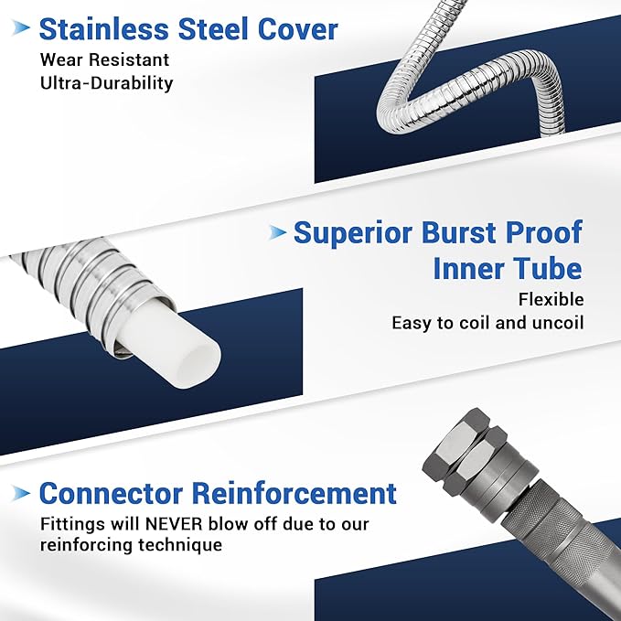 50 FT Stainless Steel Garden Hose – 304 Steel Heavy Duty Metal Hose, No-Kink, Puncture Resistant, Lightweight, Leak-Proof Swivel Fittings, 8-Pattern Nozzle for Garden, Yard, Outdoor Cleaning