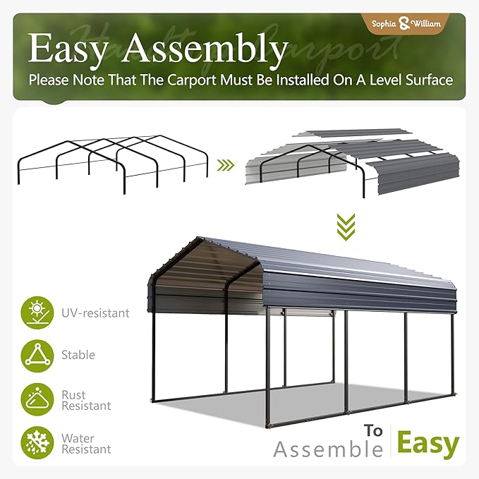 Sophia & William Carport Car Port Metal Canopy 10x15 ft Heavy Duty for Snow, Portable Garage Kit Shed Tent Shelter Metal Frame All Weather Outdoor for Boat with Anti-Leak Seam Taped, Dark Grey