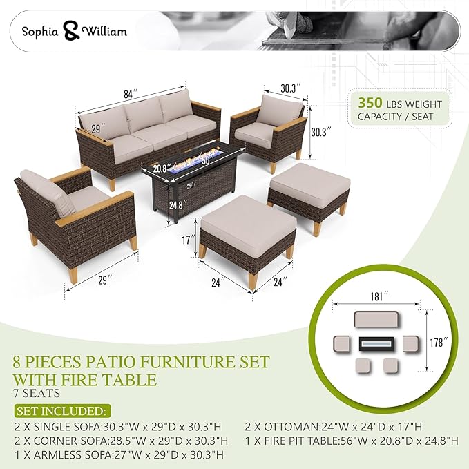 Sophia & William Patio Furniture Set with Fire Pit Table, Large Outdoor Wicker Rattan Sectional Sofa 8 Piece Patio Conversation Set for Deck, Backyard, Porch, Outside(56-Inch Fire Pit,Beige)