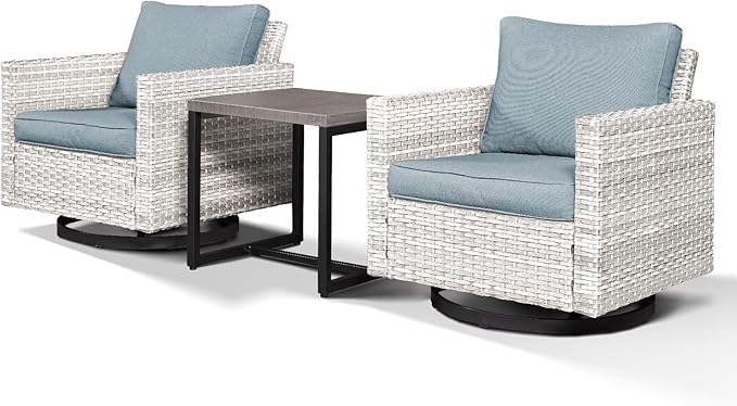 HUMMUH 3-Piece Patio Swivel Chairs,PE Wicker Outdoor Rocking Chairs Bistro Set with Side Table Porch Balcony Furniture with Cushions