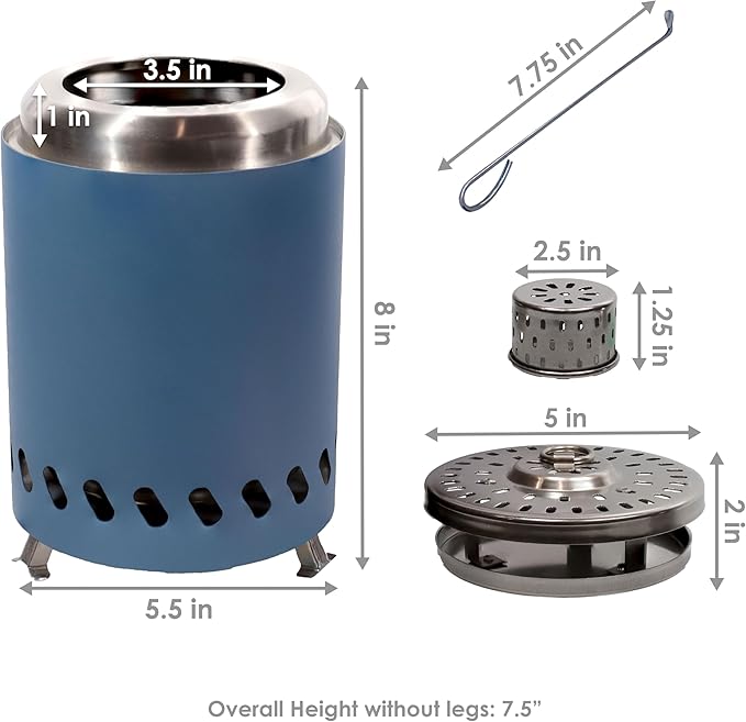 Sunnydaze Tabletop Smokeless Fire Pit with Foldable Legs, Storage Bag, and Poker - Pellet or Wood Burning Portable Fire Pit for Camping - 8-Inch H - Blue
