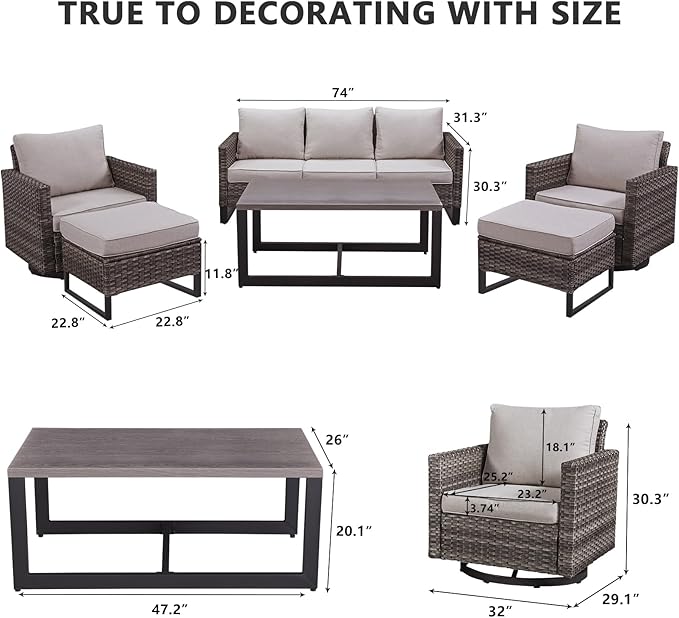 HUMMUH 6 Piece Patio Furniture Set PE Wicker Outdoor Couch,Patio Swivel Rocker Chairs and Tables for Porch,Garden,Backyard