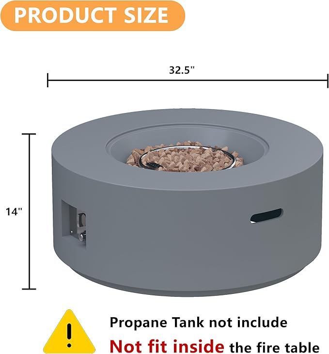 32 inch Round Propane Fire Table, 50,000 BTU Gas FirePit, Patio Fire Pit Table with Steel Lid, Rain Cover, 10ft Propane Hose, Lava Rocks, Grey