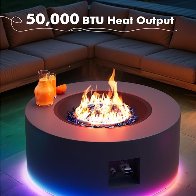 30" Round Propane Fire Pit Table - 50K BTU with Lid, Rocks Tank Storage and Cover - Round Gas Fire Pits for Outside Patio - Outdoor Table with Firepit (Gray/RGB Light, 30" Round)