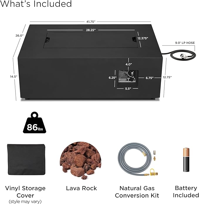 Real Flame Aegean 42in Rectangle Propane or Natural Gas Fire Pit Table, 50,000 BTU, Powder-Coated Steel, Push-Button Ignition, CSA Certified, Lava Rock, Storage Cover, Stainless Steel Burner with Lid