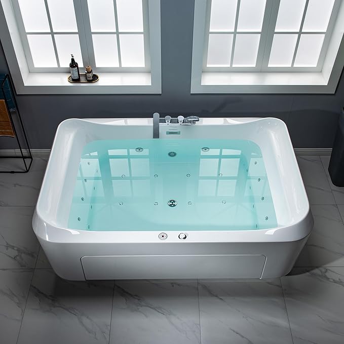 WOODBRIDGE 70-7/8"L x 47-1/4"W 2 Person Freestanding Hydrotherapy Whirlpool and Air Bath Heated Soaking Combination Massage Tub with Adjustable Speed Air Blower and Display Control Panel, B0091