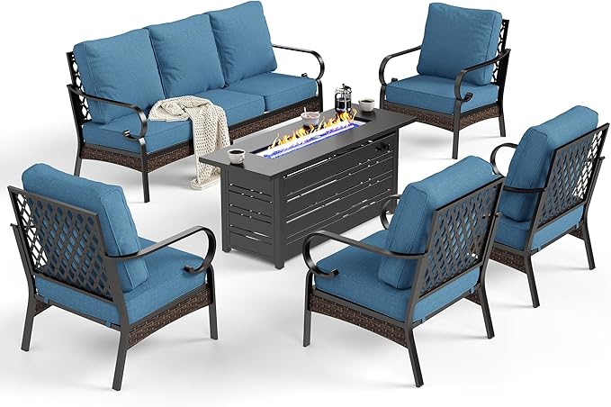 SUNSHINE VALLEY 6 Piece Metal Outdoor Patio Furniture Sets with Firepit Table, Patio Conversation Sets 1 3-Seater Sofa, 4 Single Sofa with 5.75" Extra Cushion Backyard Furniture for Deck, Denim Blue