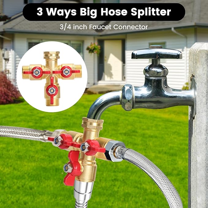Garden Hose Splitter 3 Way, Heavy Duty 3-Way Brass Valve Garden Hose Splitter With Stainless Steel Long Handle, Full Flow Hose Splitter Connector, Valve 3/4 Inch GHT Thread