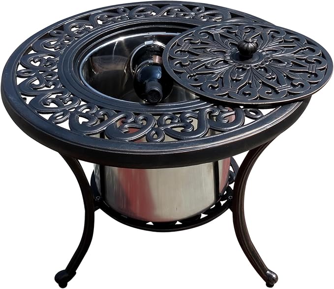 FAPOLITE Outdoor Table Round Patio Table Ice Bucket All Weather Aluminum Frame Outdoor Dining Table for Lawn Garden Backyard (60cm Ice Bucket)