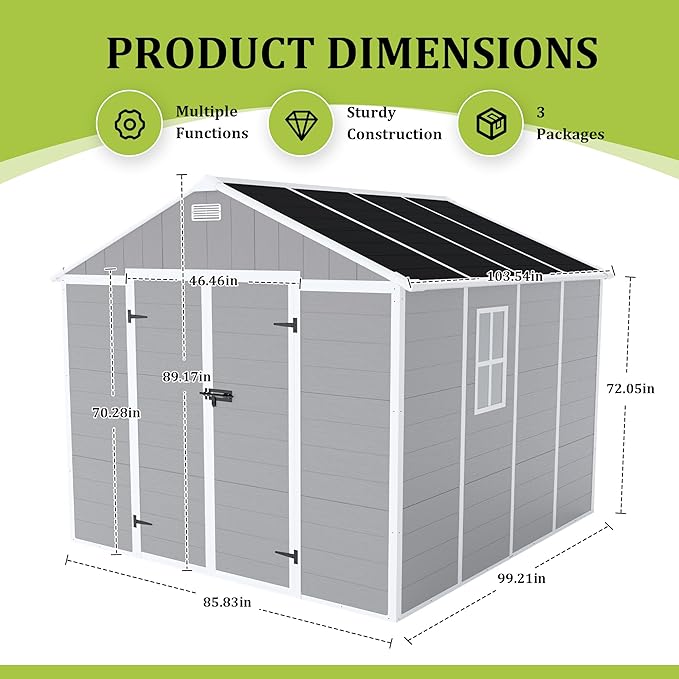 8x8 FT Resin Storage shed, Outdoor Storage Sheds with Floor, Window, Lockable Doors and Vents, 12mm Thick pp Board, Large Storage Space Tool Shed for Lawn, Backyard, Patio (Gray, 8 * 8ft)