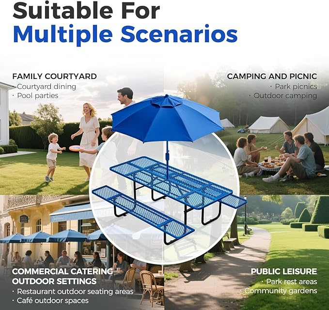 KUFUH 72" Coated Round Metal Picnic Table for 4-6 Person, Durable Heavy Duty Commercial Picnic Table with Umbrella Hole for Outdoor Coffee Shop, School, Easy to Install, Blue